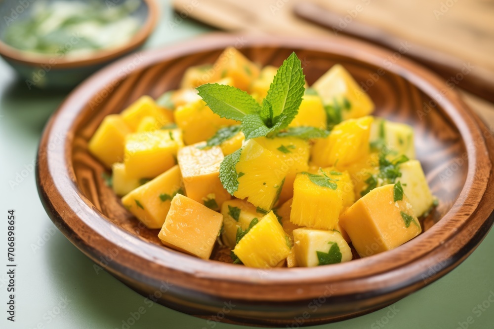 pineapple and mango chunks with lime zest on a terracotta platter pineapple and mango chunks with lime zest on a terracotta platter