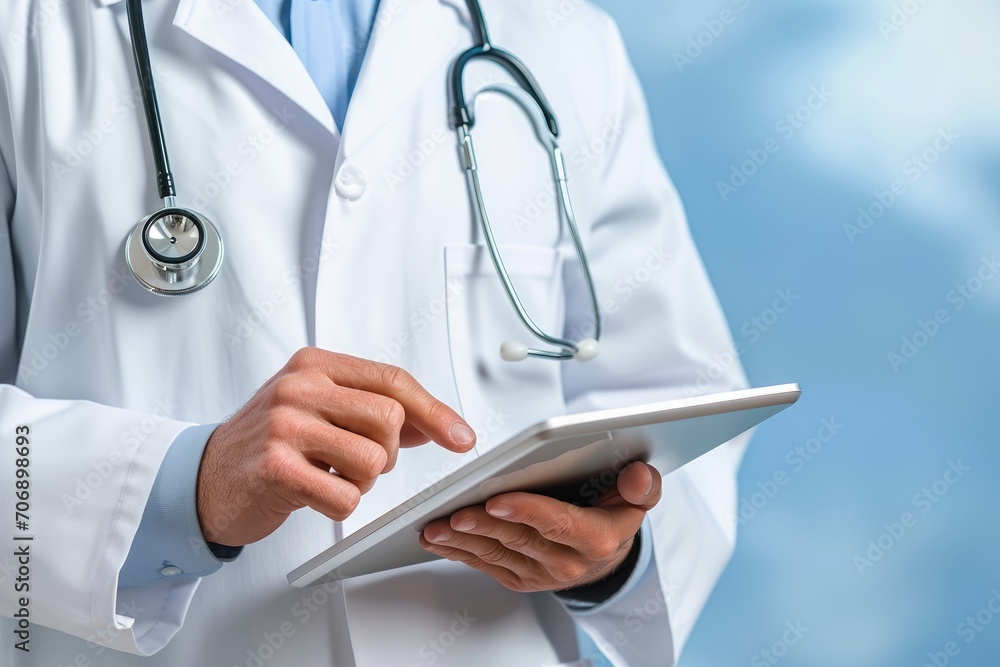 Doctor discussing diagnosis, with a digital tablet, against a calming sky blue background. Doctor discussing diagnosis, with a digital tablet, against a calming sky blue background.