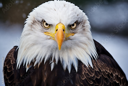 a bald eagle with a yellow beak and white head and yellow eyes in the snow with snow falling on the ground, generative ai
