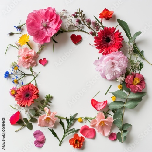 flowers and hearts have been arranged in a circle around a white backdrop