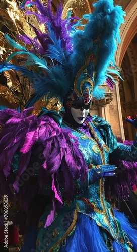 carnival costumer with blue and purple feathers