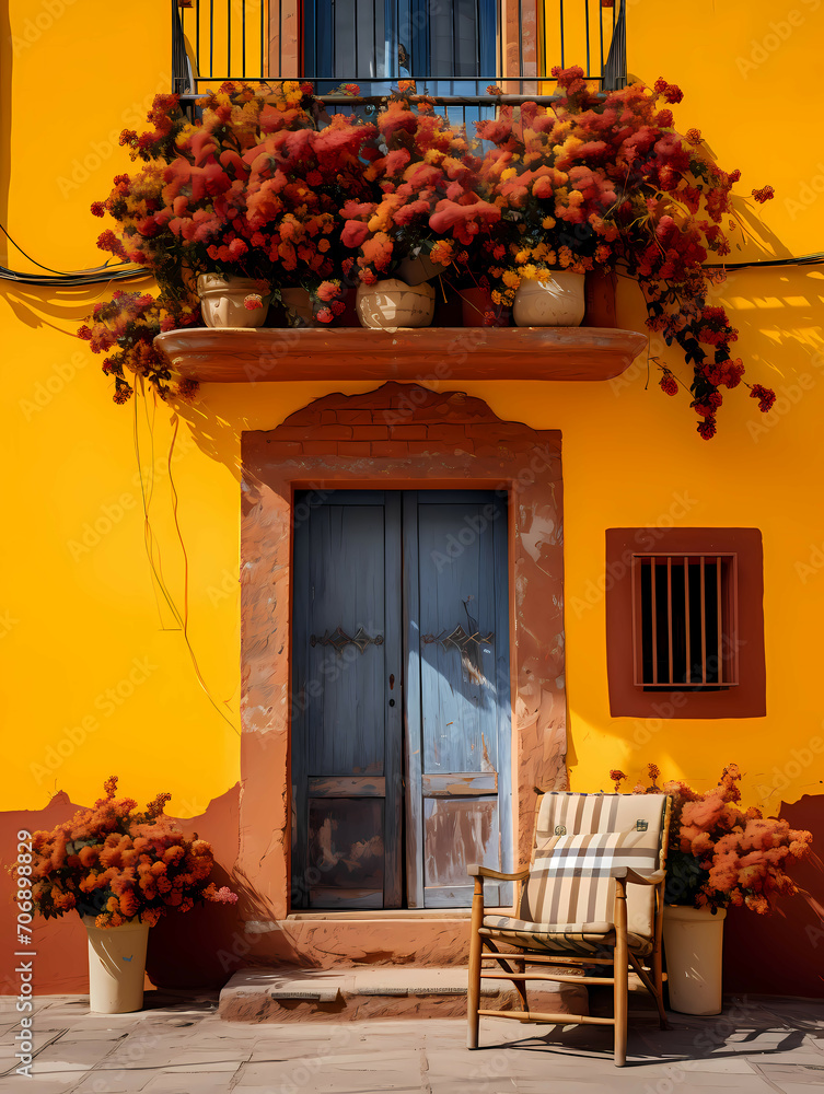 Obraz premium San Miguel Vibrant Color Combinations, A Chair And Chair With Flowers On The Front Of A Yellow Building