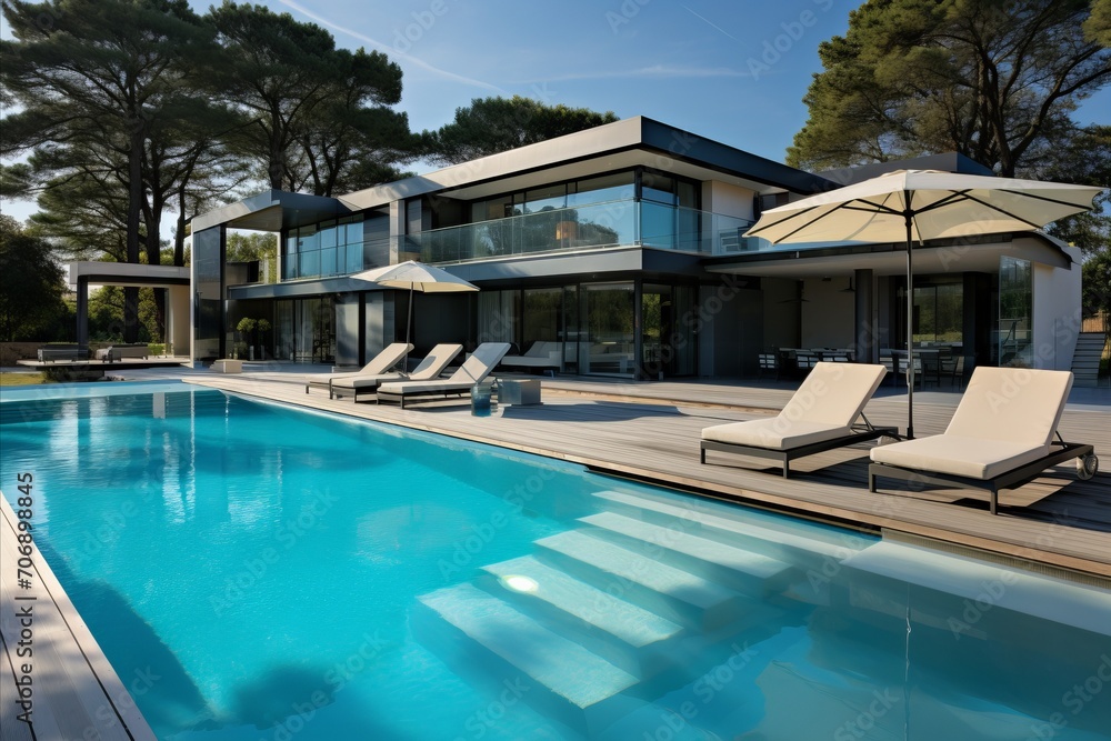 Fototapeta premium Sustainable and Energy-Efficient Modern House Featuring Cutting-Edge Solar Panels on the Roof