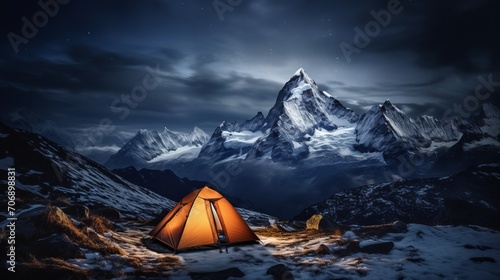 Idyllic Wilderness Camping Experience Amidst Breathtaking Snow-Capped Mountain Range