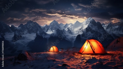 Snow-Capped Mountain Paradise. Tranquil Camping Amidst Majestic Peaks and Pristine Wilderness