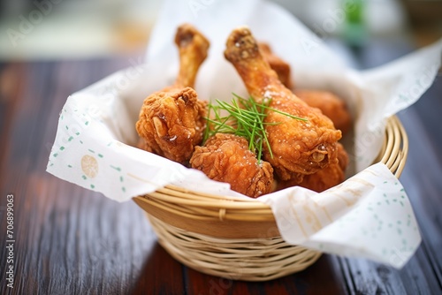 fried chicken drumsticks in a paper-lined basket photo