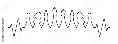 Vector medical pulse back line with chess pieces symbols image. Isolated on white background.