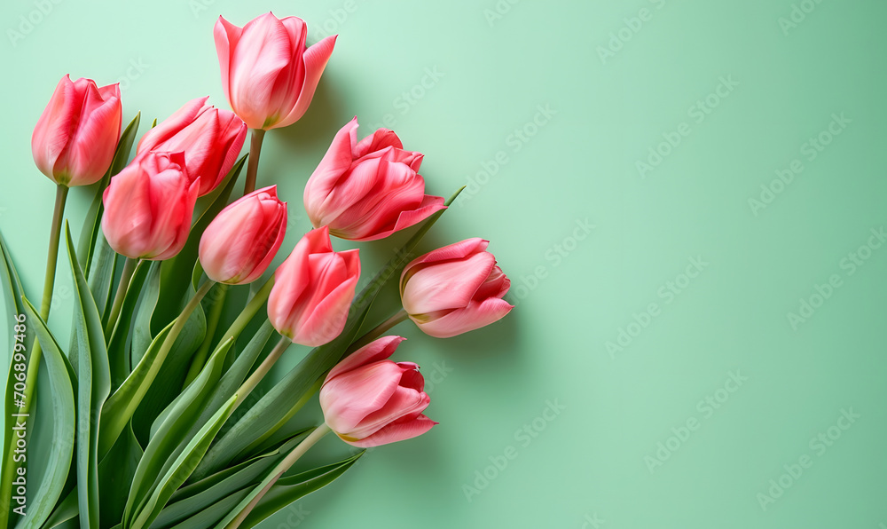 Fresh pink tulips on pastel menthe green background, Generative AI Fresh pink tulips on pastel menthe green background, Generative AI