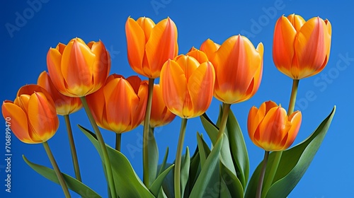 Vibrant Orange Tulips on Solid Blue Background with Ample Space for Text Placement