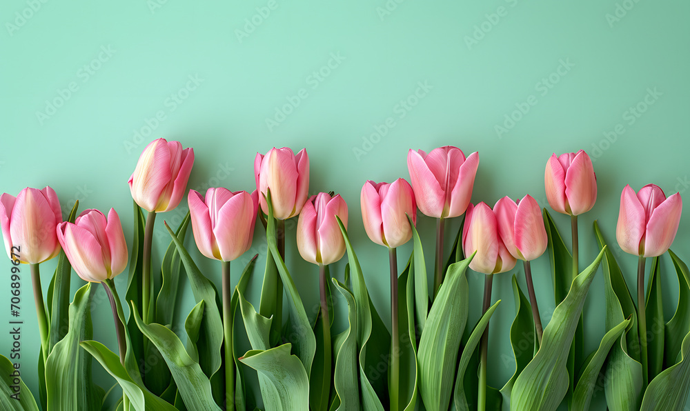 Fototapeta premium Fresh pink tulips on pastel menthe green background, Generative AI