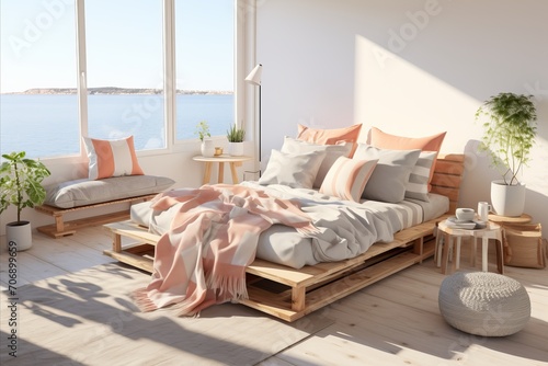 Scandinavian style bedroom with grey and peach colors, minimalist furniture, and soft pastel accents photo
