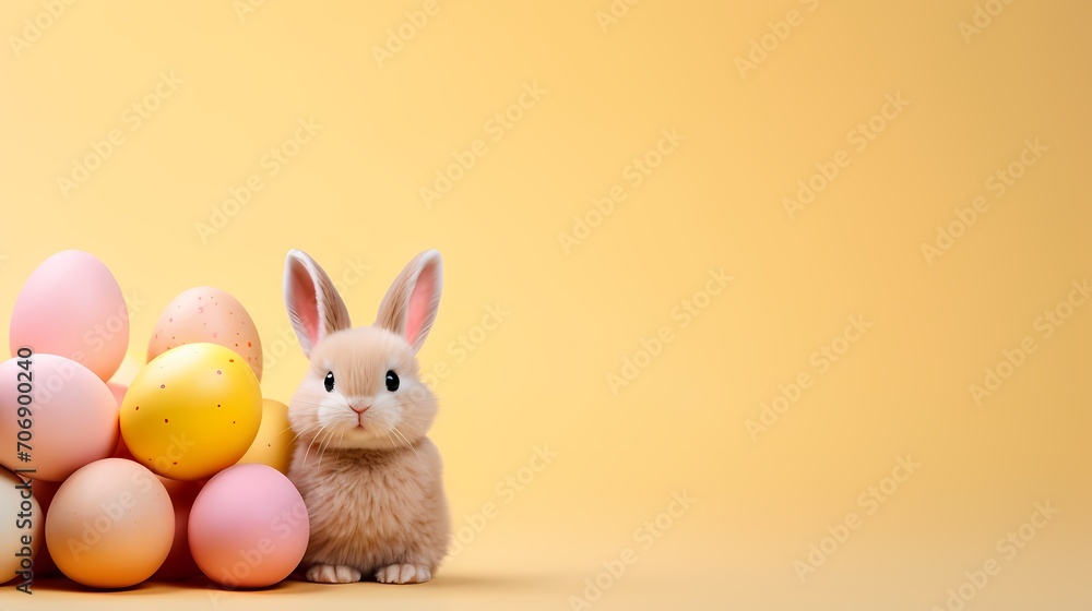 easter eggs on yellow cream background for wallpaper and poster for easter days decoration - obrazy, fototapety, plakaty 