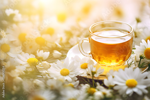 Chamomile Tea in glass and chamomile on wooden table with sunlight.