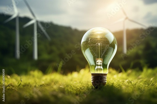 Representation of a sustainable green energy movement featuring a renewable lightbulb, wind energy, and an open space for text. Generative AI photo