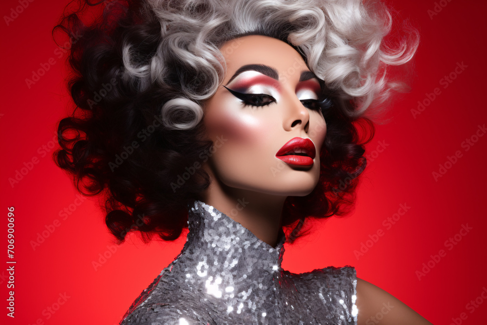 Φωτογραφία Portrait of drag queen with dramatic makeup and big hair in front of red backgro
