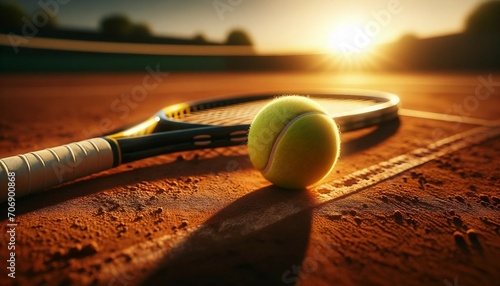 tennis racket and ball on a sunny court photo