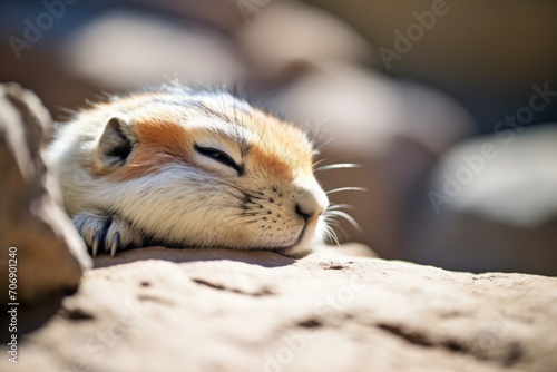 gerbil coolly resting in the shade of a rock photo