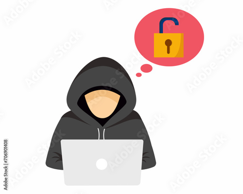Hacker unlocks the laptop and stealing password spamming, credit card, unlocked key, vector illustration.