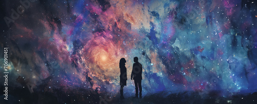 Man and woman silhouettes on abstract space background with copy space