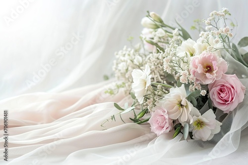 Flat lay of bouquet of peach roses close up with white fabric. Copy Space for text.