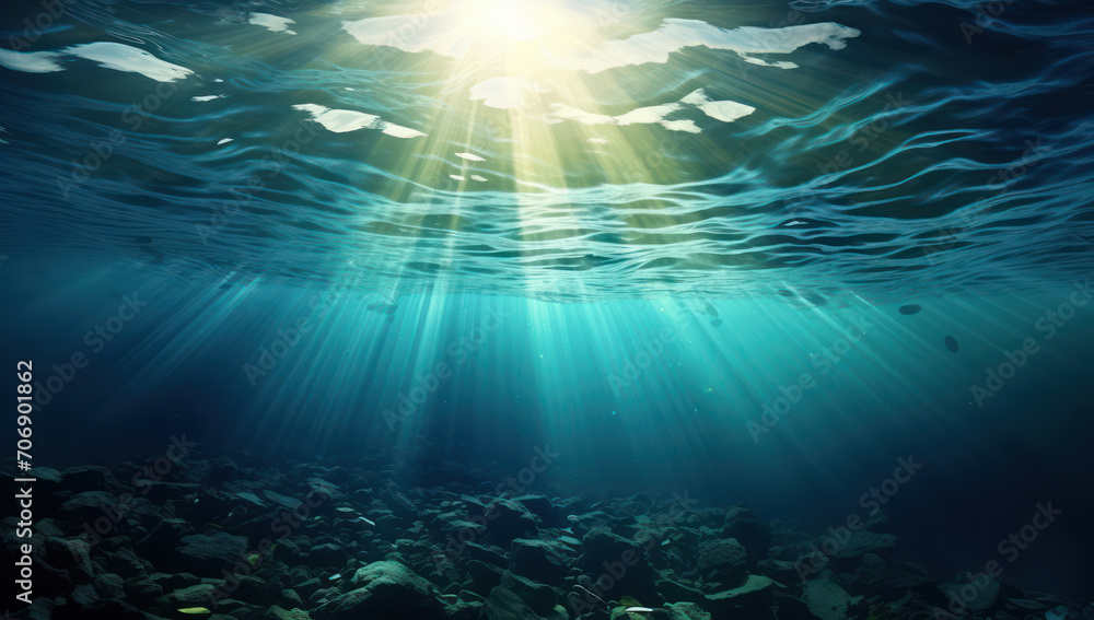 Fototapeta premium Sunbeam Serenity: Below the Surface of the Blue Abyss
