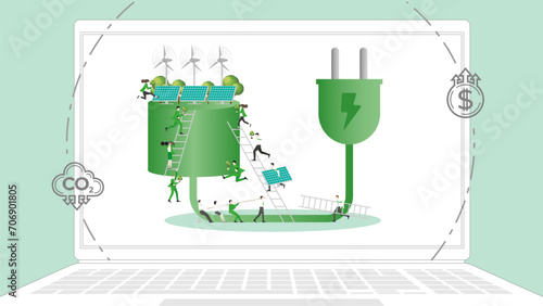 ESG sustainability business policy. Carbon credit calculate from reduce carbon footprint and carbon dioxide to carbon offset. Laptop computer notebook with green electricity on desktop.