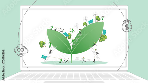 ESG sustainability business policy. Carbon credit calculate from reduce carbon footprint and carbon dioxide to carbon offset. Laptop computer notebook with Plant seeding on desktop.
