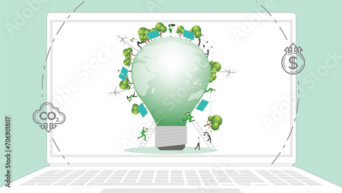 ESG sustainability business policy. Carbon credit calculate from reduce carbon footprint and carbon dioxide to carbon offset. Laptop computer notebook with Light bulb on desktop.