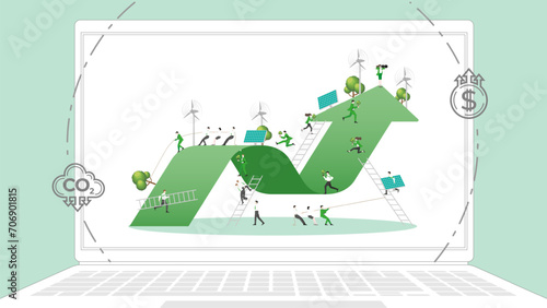 ESG sustainability business policy. Carbon credit calculate from reduce carbon footprint and carbon dioxide to carbon offset. Laptop computer notebook with green graph on desktop.