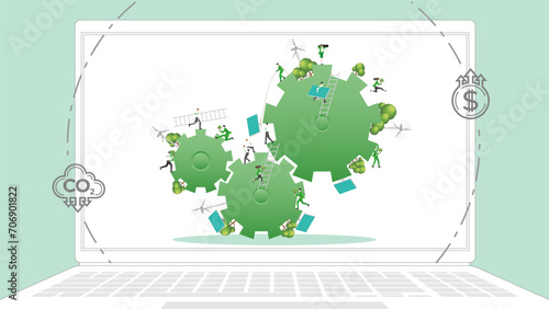 ESG sustainability business policy. Carbon credit calculate from reduce carbon footprint and carbon dioxide to carbon offset. Laptop computer notebook with gear driven on desktop.