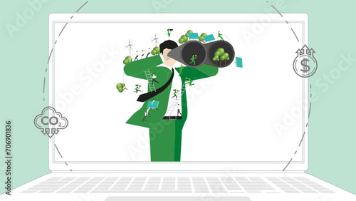 ESG sustainability business policy. Carbon credit calculate from reduce carbon footprint and carbon dioxide to carbon offset. Laptop computer notebook with visionary CEO on desktop.