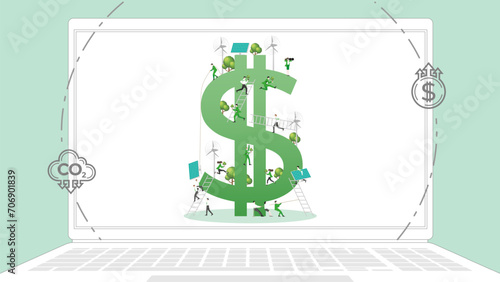 ESG sustainability business policy. Carbon credit calculate from reduce carbon footprint and carbon dioxide to carbon offset. Laptop computer notebook with Dollar profit on desktop.