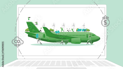 ESG sustainability business policy. Carbon credit calculate from reduce carbon footprint and carbon dioxide to carbon offset. Laptop computer notebook with green plane on desktop.