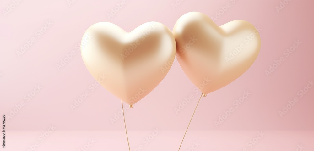 two heart shaped gold and ivory colored balloons on a pink background