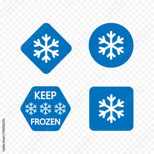 Frozen food label, packaging and storage, sticker with snowflake and thermometer.
