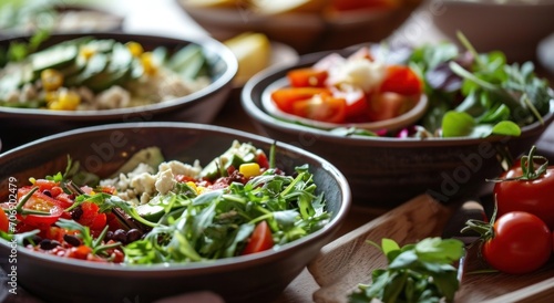several bowls of salads on a table