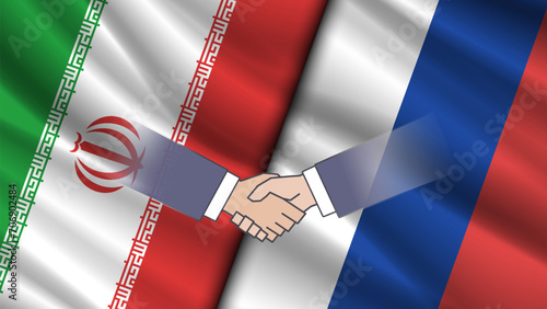 Vector wavy state flags of the Islamic Republic of Iran and the Russian Federation. Friendly relations. Political economic banner. Symbols of countries. Handshake.