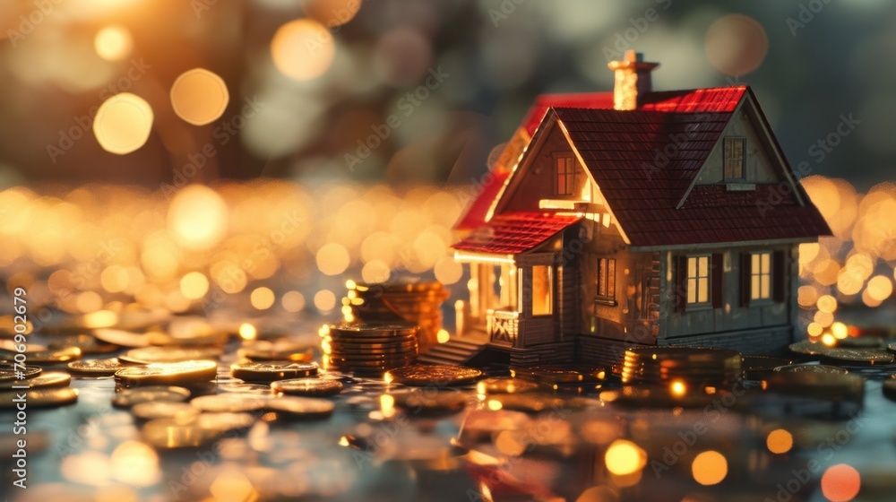 house on stack of coins and shiny light for realty house on stack of coins and shiny light for realty