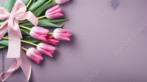 Bouquet of tulips and gift wit ribbon Gift for Valentin's