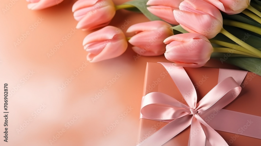 Bouquet of tulips and gift wit ribbon Gift for Valentin's