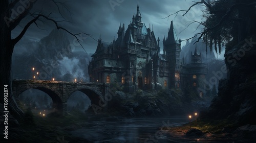 a fantasy castle with a bridge in front of it