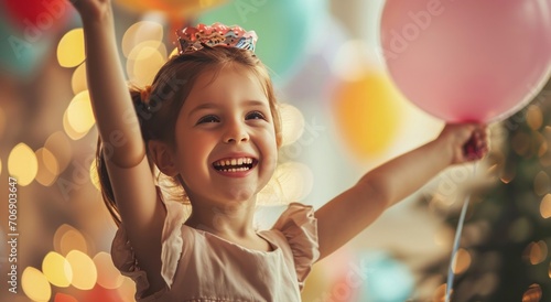 little girl celebrating her birthday with balloons