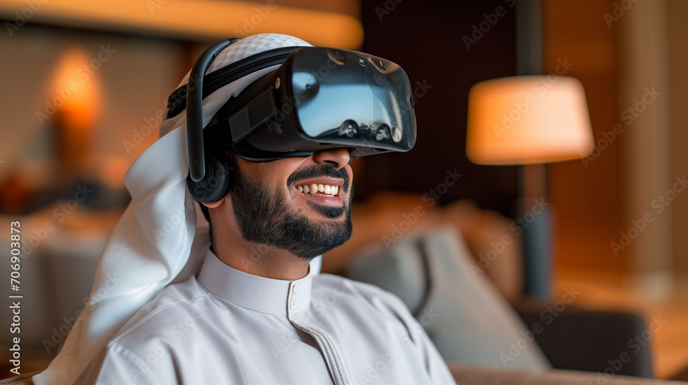 Arab Millionaire Sheikh in Traditional Attire Wearing VR Glasses, smiling Arab Millionaire Sheikh in Traditional Attire Wearing VR Glasses, smiling