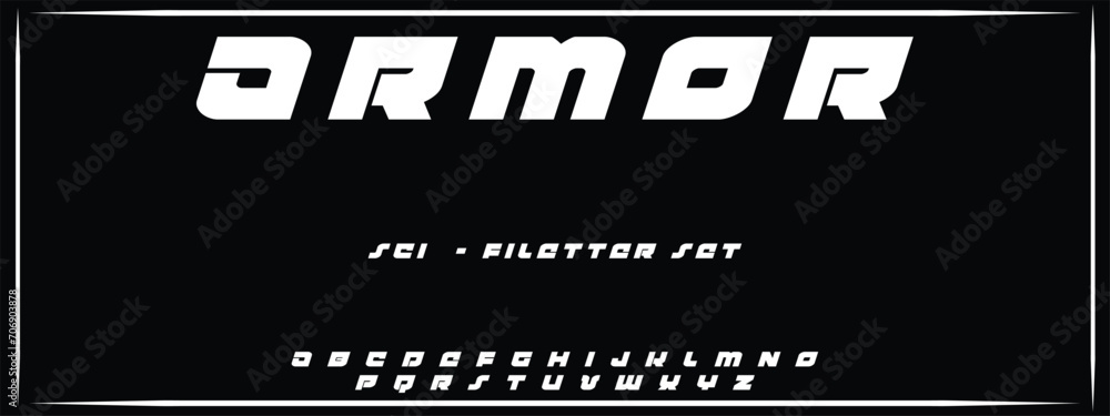 ARMOR, Sports minimal tech font letter set. Luxury vector typeface for company. Modern gaming fonts logo design