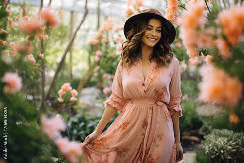 woman in her 30s that is walking among blooming flowers wearing flowy pink maxi dress photo
