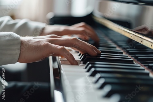 Musician composing on a piano, in a moment of inspiration, against a classic, ivory backdrop.