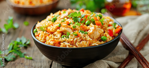 Rice dish combined with vegetables and chicken with copy space