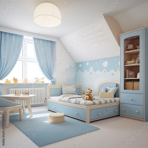 children's room, blue, white, modern