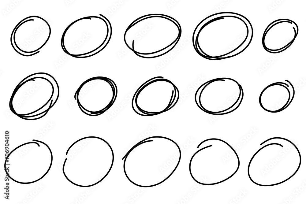 Highlight oval marker frames line. Hand drawn scribble circle sketch set. Doodle ovals and ellipses line template. Vector illustration oval isolated on white background. - obrazy, fototapety, plakaty 