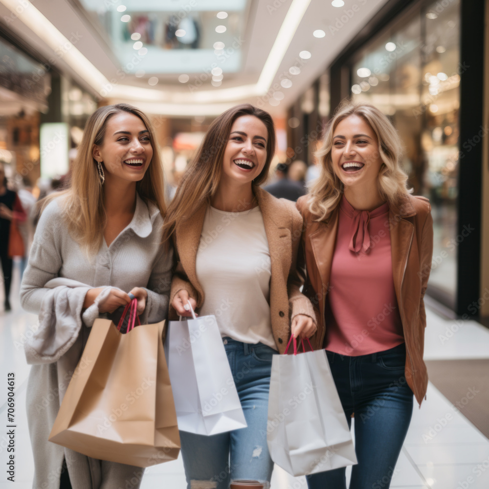 Stylish young smiling women walking with shopping bags Stylish young smiling women walking with shopping bags